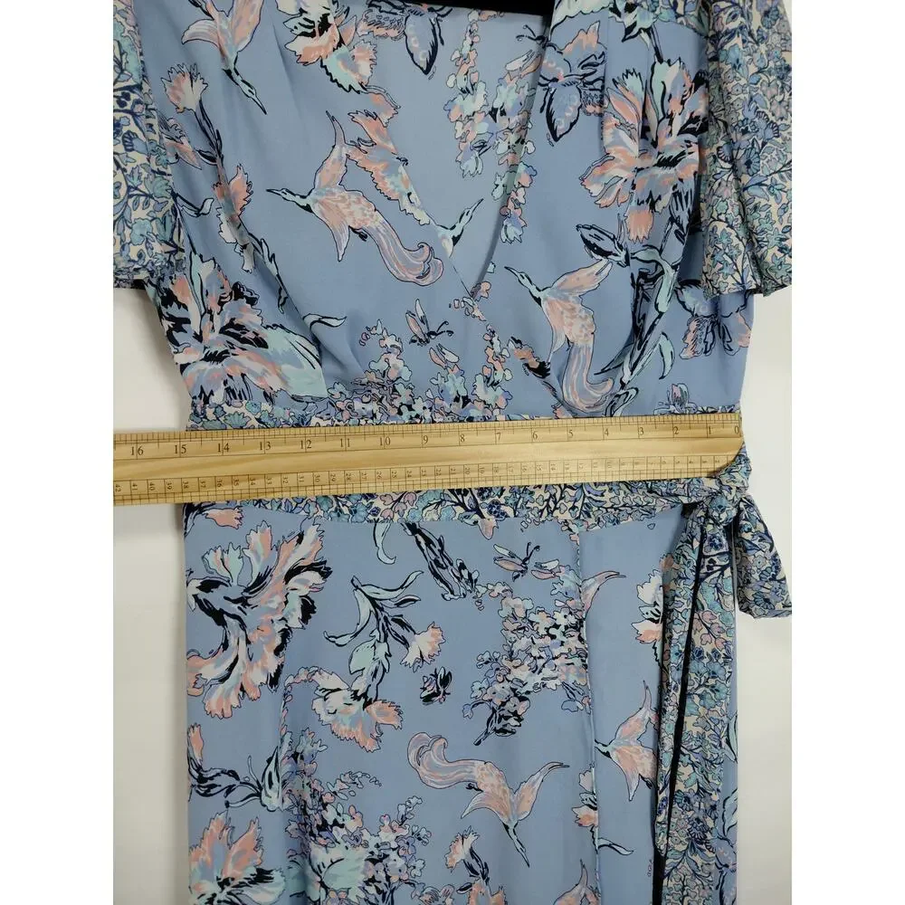 Bcbgmaxazria Blue Floral V-Neck Short Sleeve Wrap Dress Women Size S